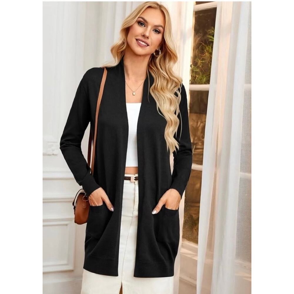 Grace Karin Small Black Long Open Cardigan Lightweight Duster Minimalist Pockets